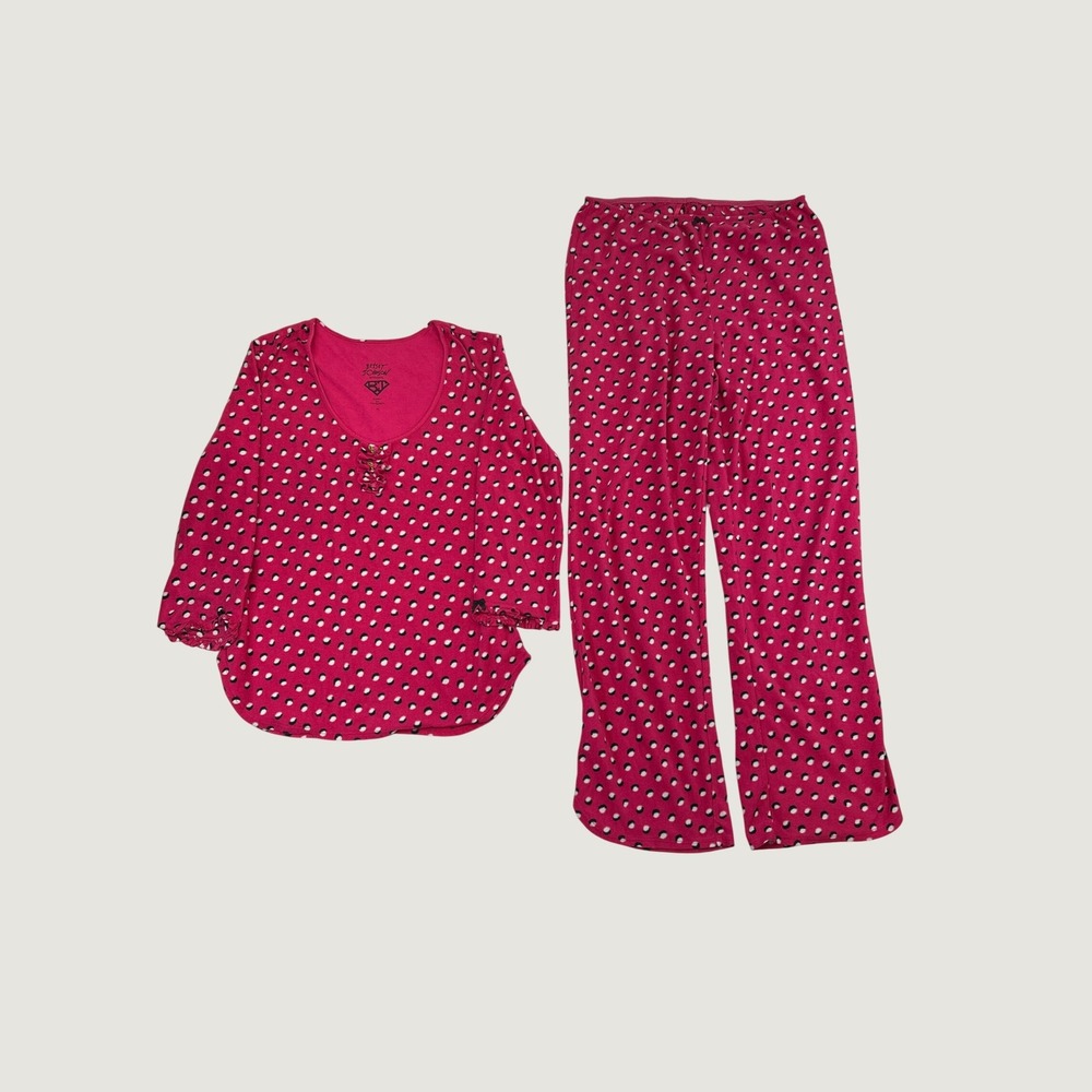 Betsey Johnson Pajama Set Womens M Pink‎ Polka Dot Fleece 2 Piece Loungewear